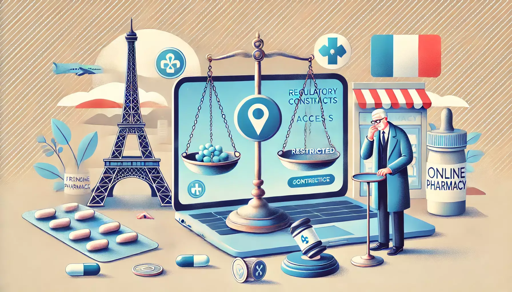 DALL E 2024 12 16 12 43 54 A professional yet inviting illustration depicting the challenges in the French e pharmacy sector The image should feature symbolic elements like a l